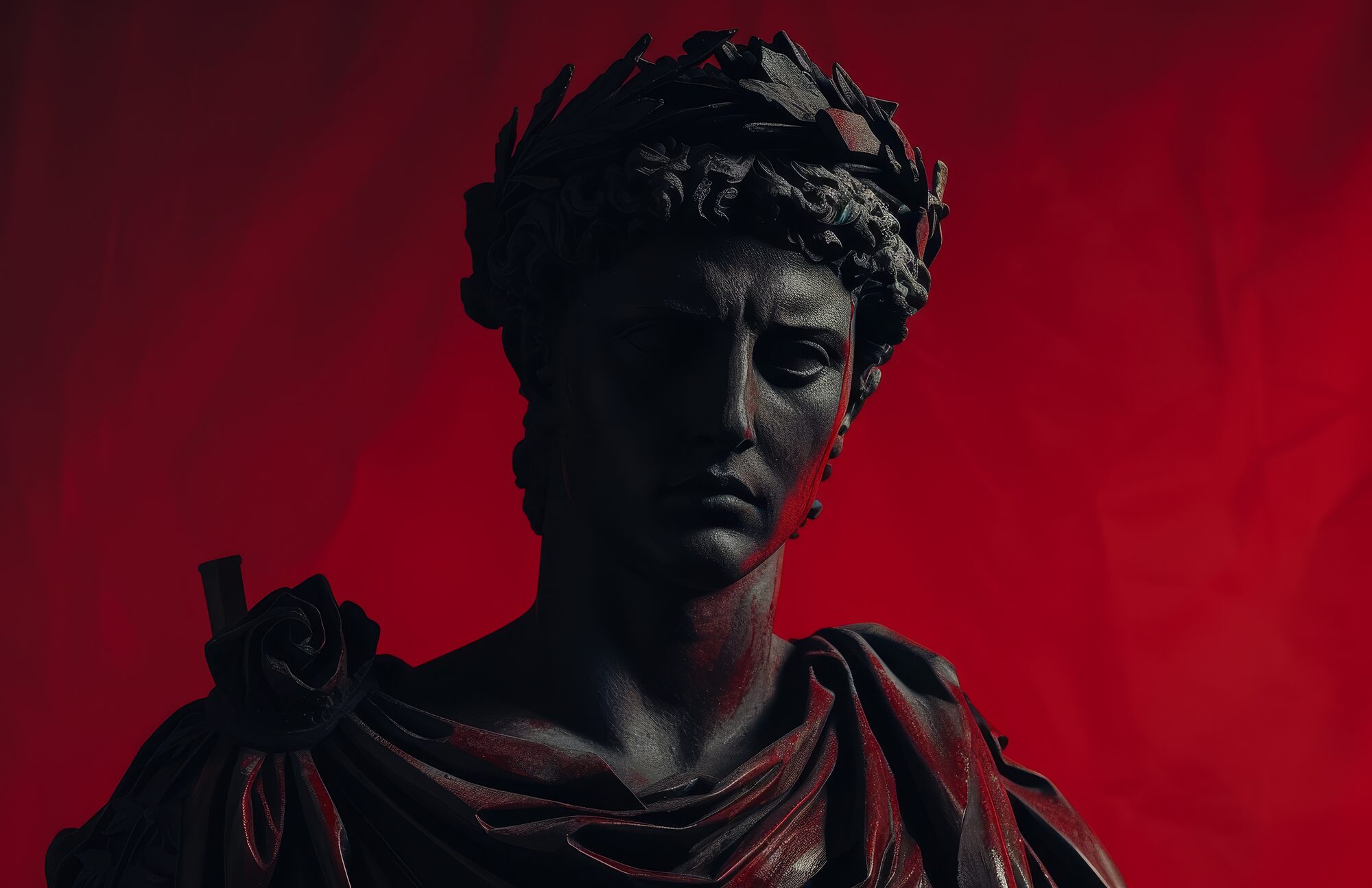 A dark classical Greek statue, laurel-crowned, against a deep red backdrop